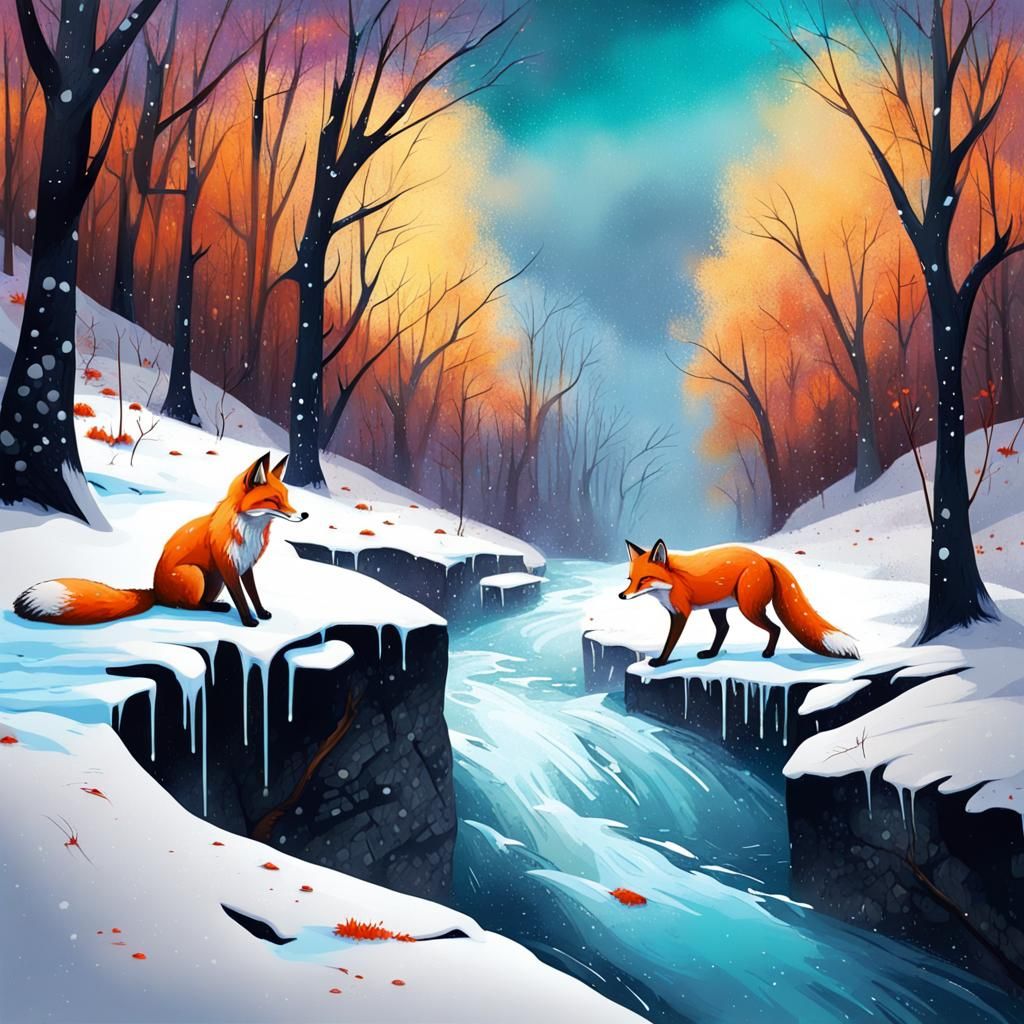 Winter River Scene in Graffiti Art Style