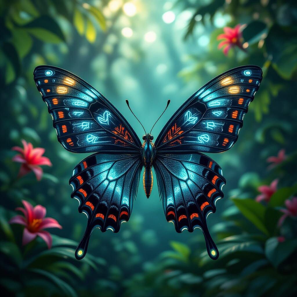 Cybernetic Butterfly with Mystic Glyphs in Tropical Jungle