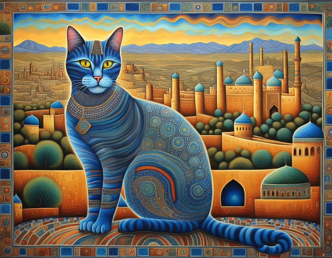 Mystic Cat with Islamic Citadel, Expressionist Oil Painting