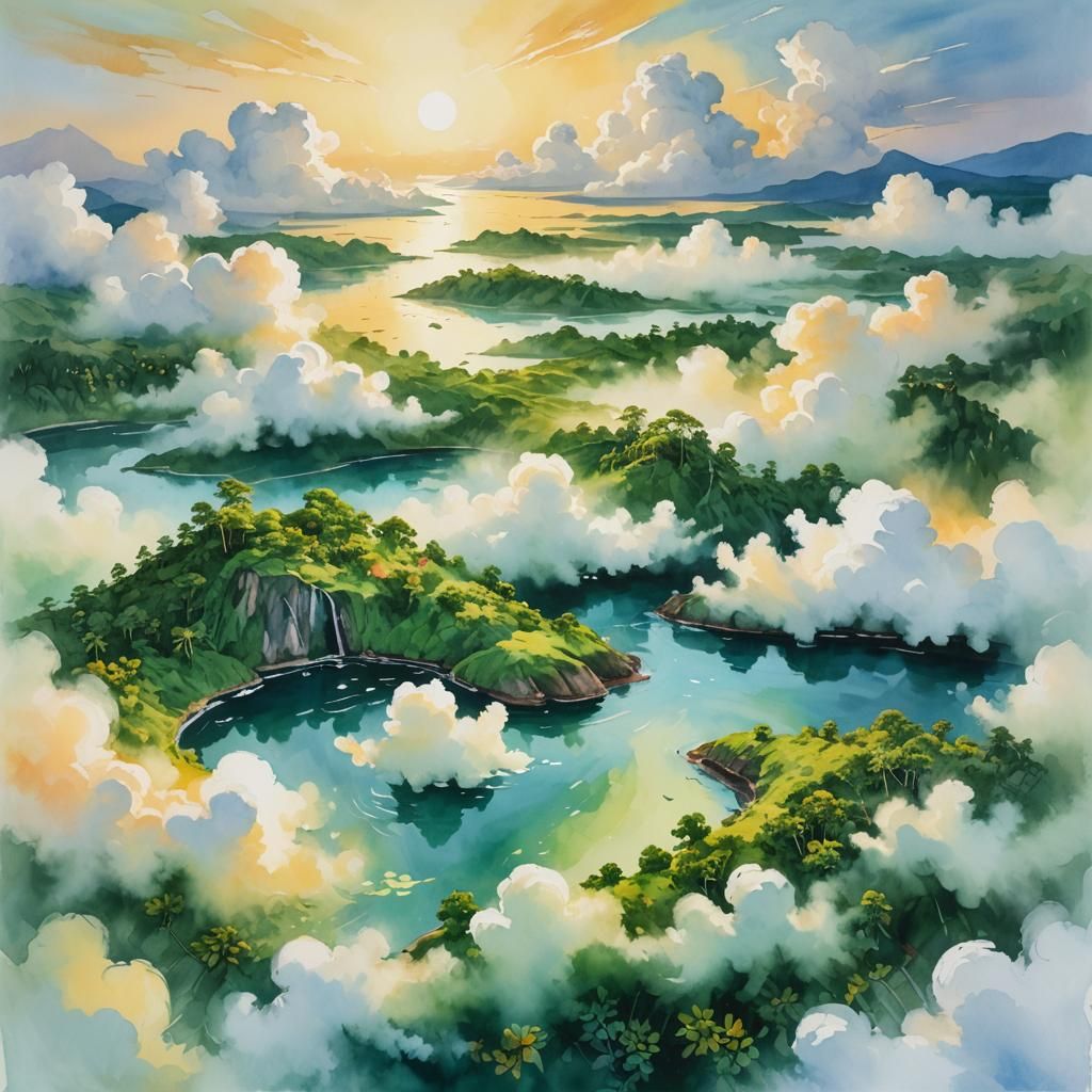 Lush Island Dreamscape in Impressionist Gouache