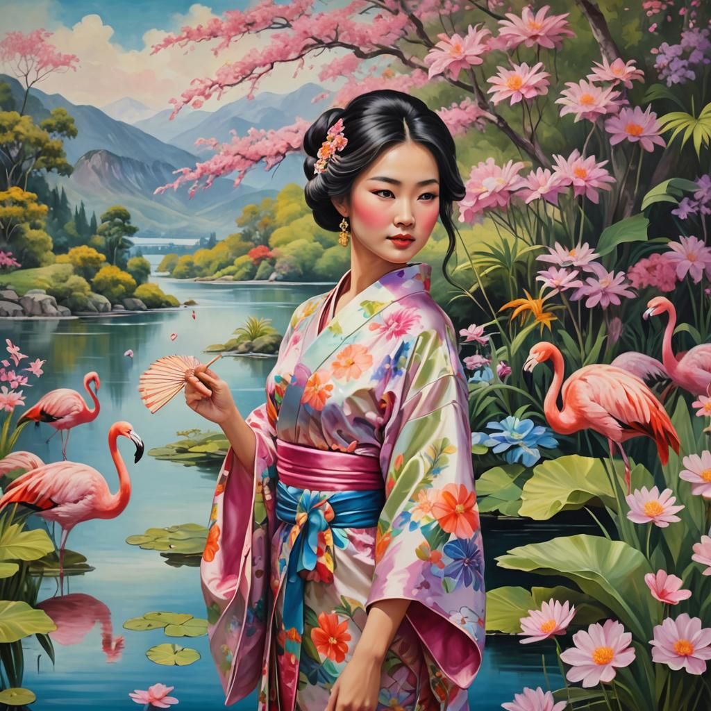 Asian Woman in Kimono: Whimsical Oil Painting