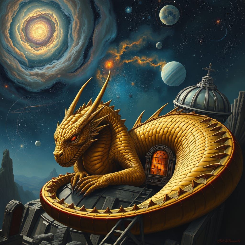 Ancient Brass Dragon Sleeps on Art Deco Observatory