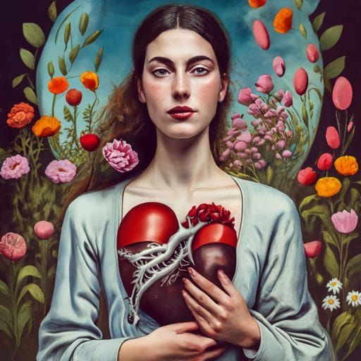 Woman with Stitched Heart: Surreal Tarot Card