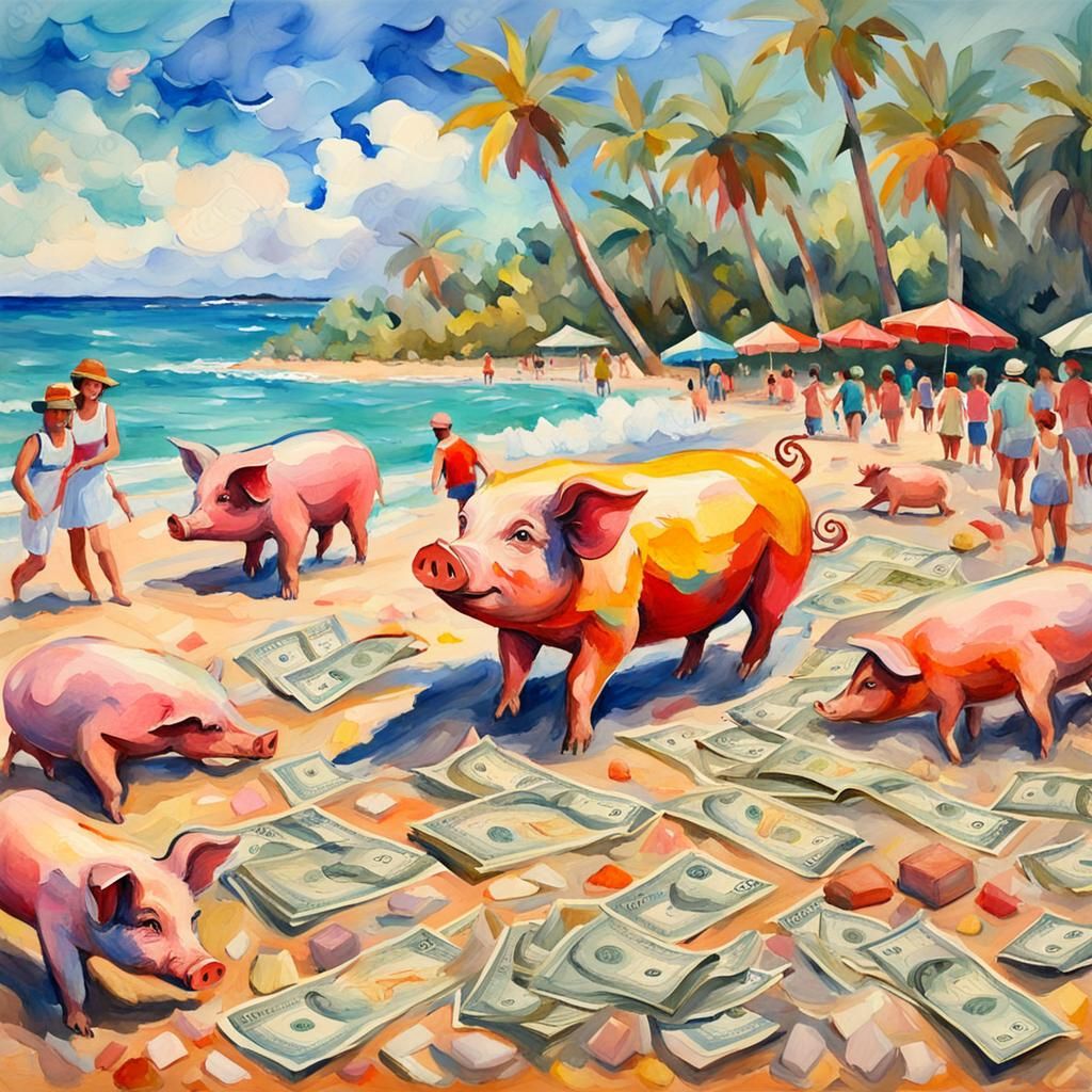 Pig's Gouache Dream: Money, Beach, and Beauty