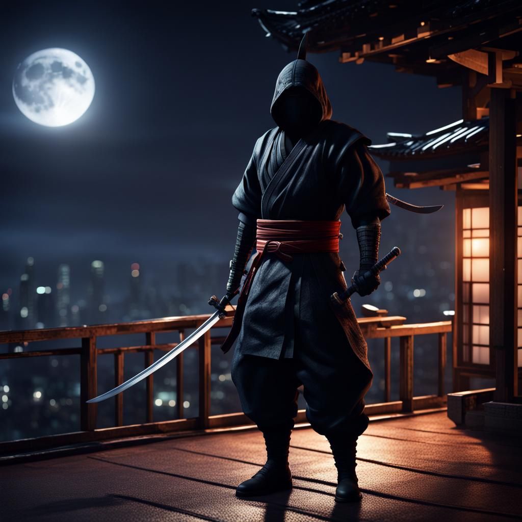 Ninja on Rooftop with Katana in Rain