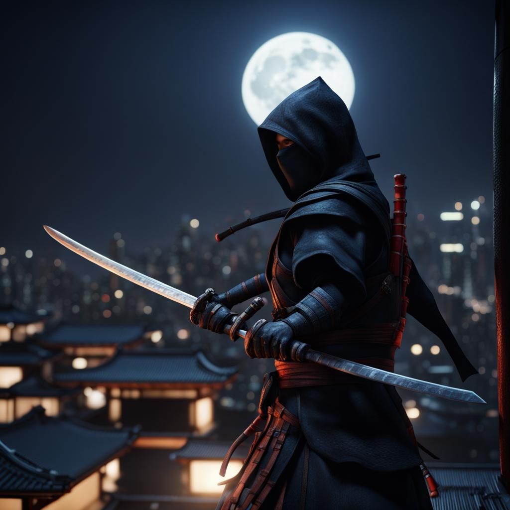 Ninja on Rooftop with Katana in Rain