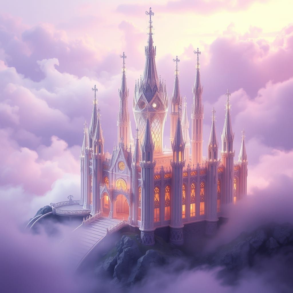 Whimsical Crystal Palace in Enchanted Landscape