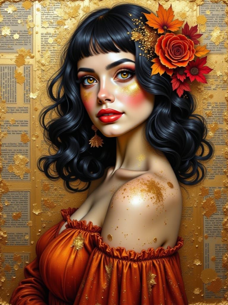 Woman Portrait with Gold and Autumn Colors in Mixed Media St...
