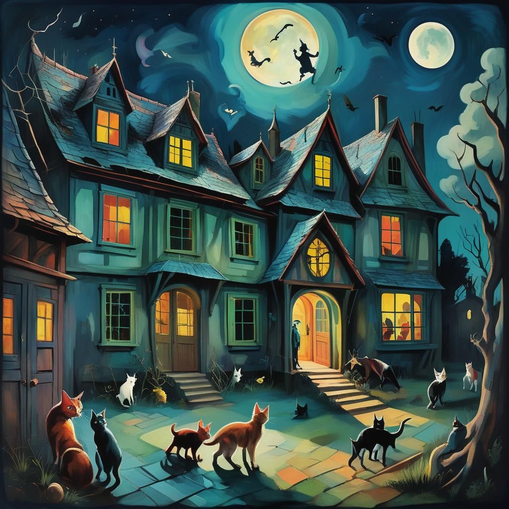 Surreal Haunted House with Cats: Mixed Media Illustration