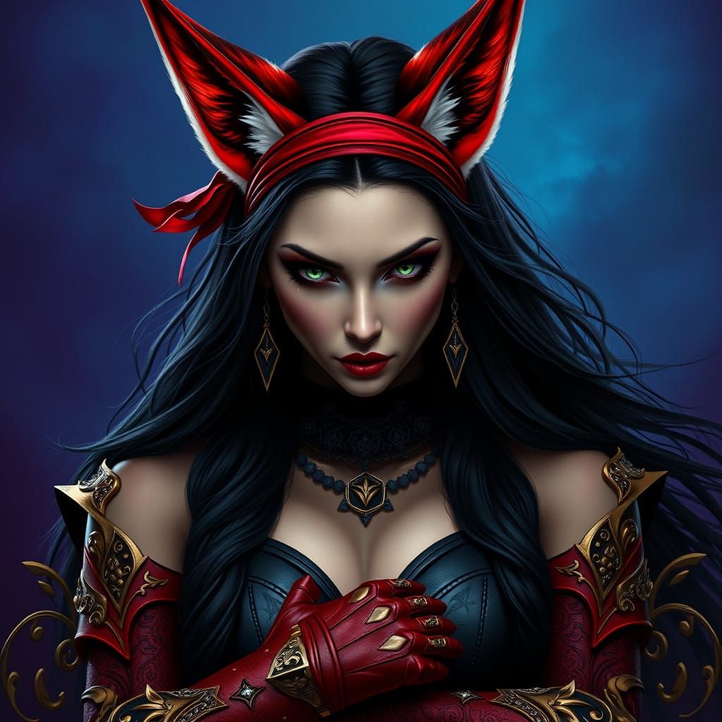 Majestic Goth Queen with Vibrant Fennec Fox Ears and Dark Le...