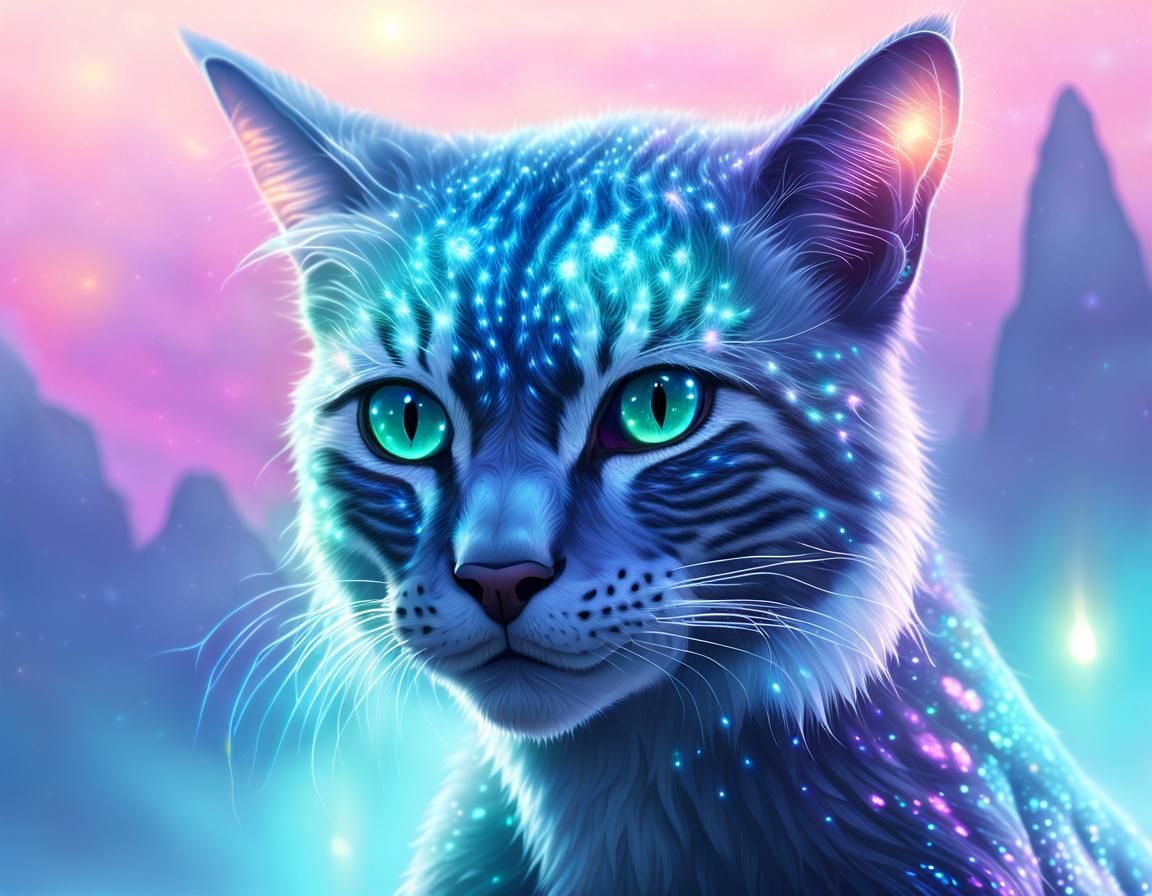 Iridescent Alien Feline Portrait in Ethereal Lighting