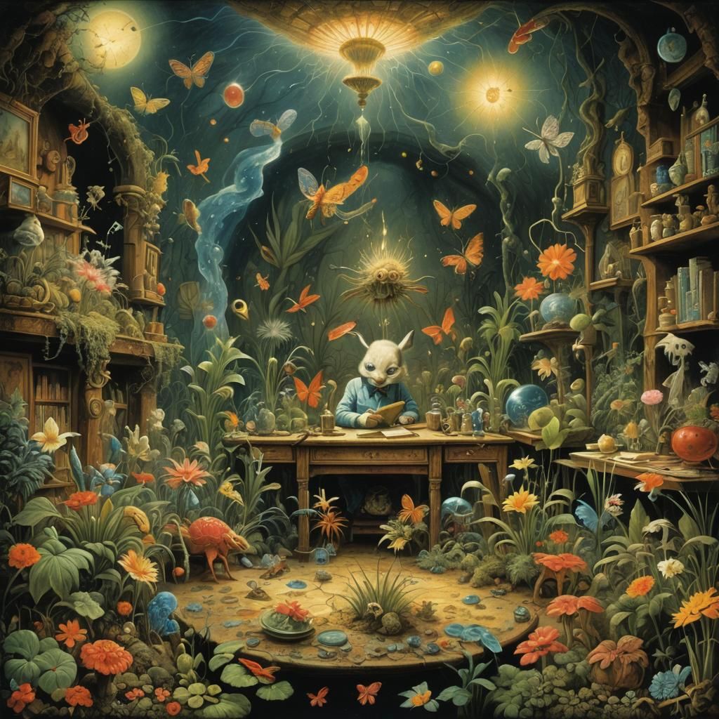 Surreal Bugs Bunny in Dreamlike Terrarium Landscape