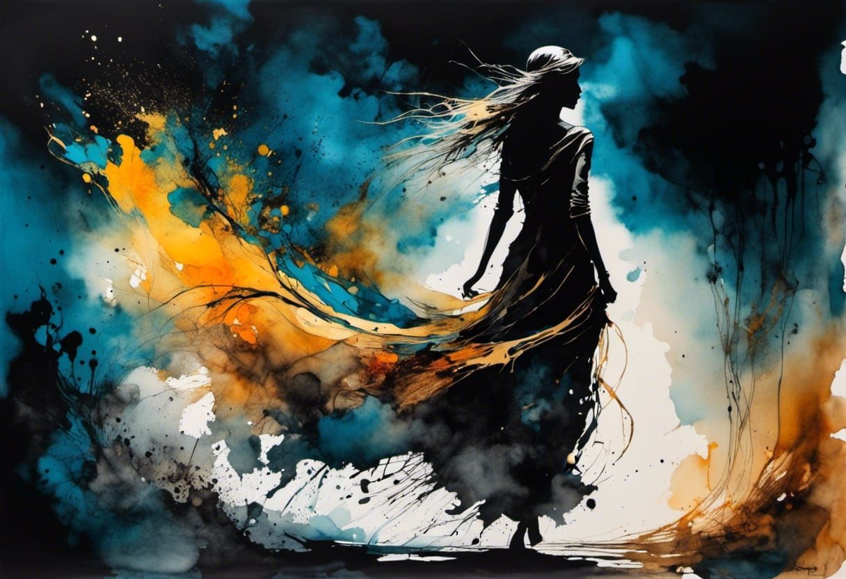 Gypsy Silhouette in Cosmic Abyss: Ink Wash Painting