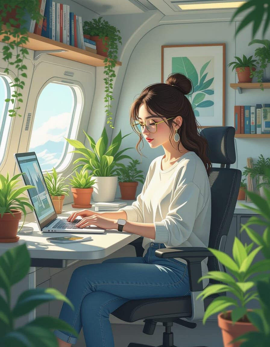 Hmong Woman Working in Zero-Gravity, Futuristic Interior