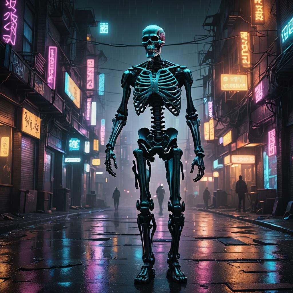 Bioluminescent Skeleton in Cyberpunk Neon Cityscape
