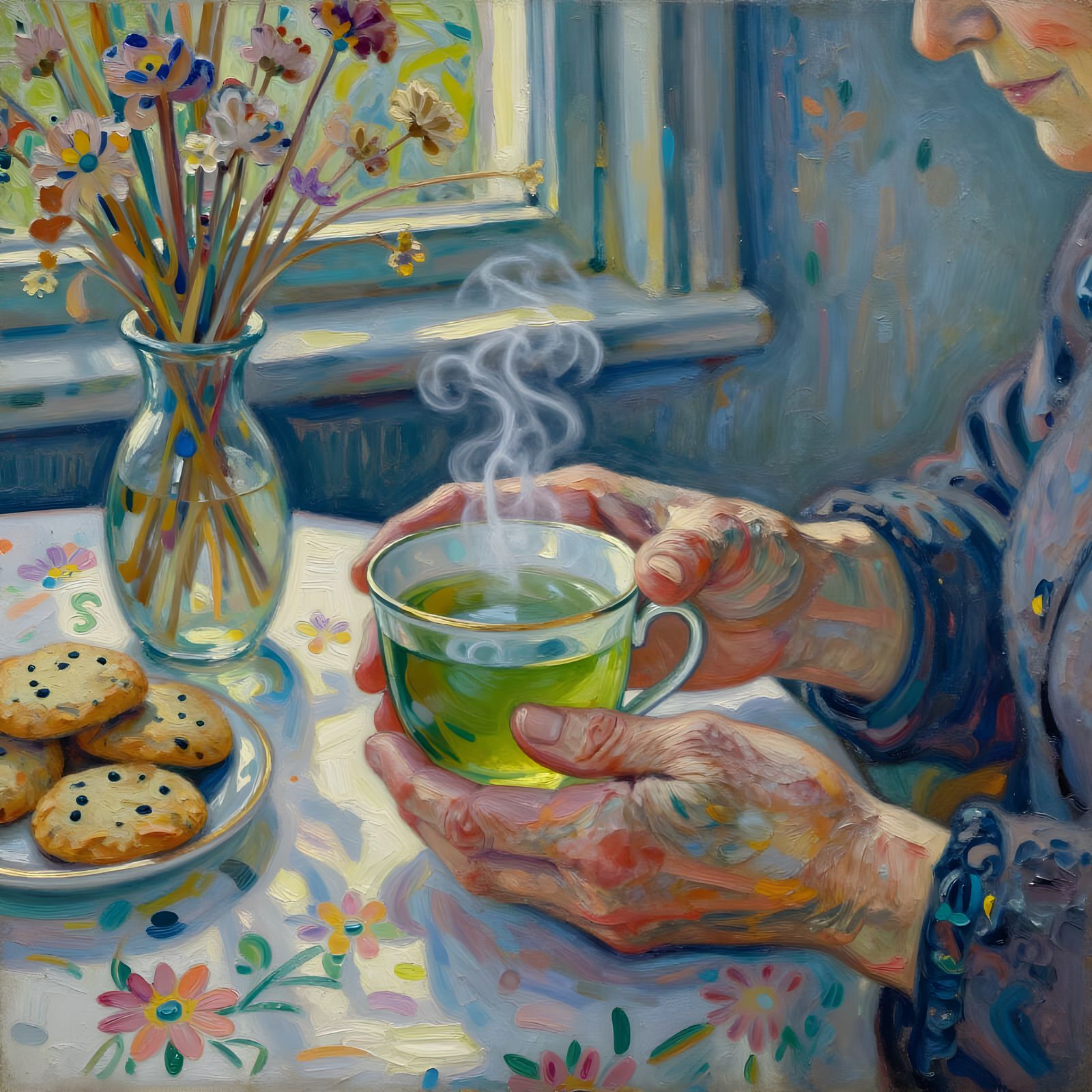 Elderly Hands Hold Steaming Tea in Sunlit Kitchen