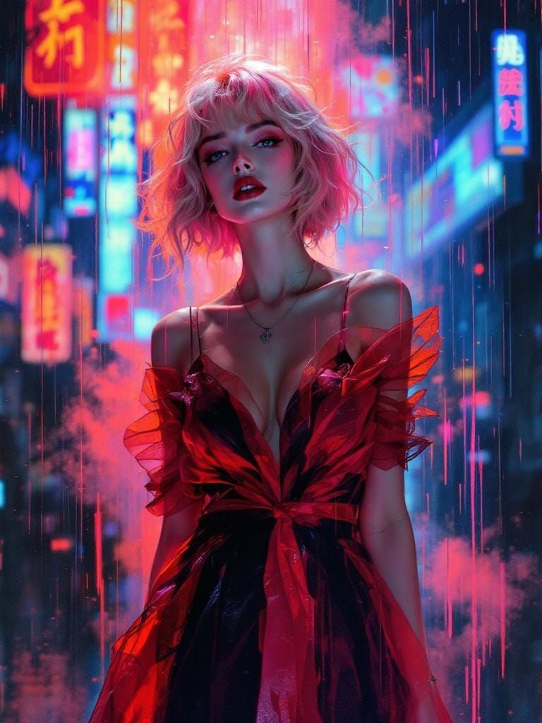 Neon Noir Woman in Rain, Impasto Painting Style