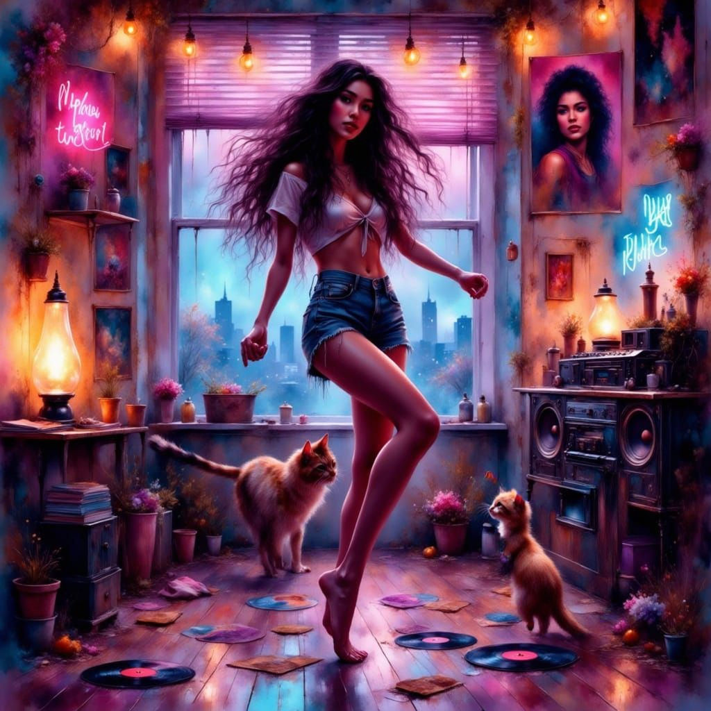Synthwave Girl Dancing with Cat in Retro Bedroom