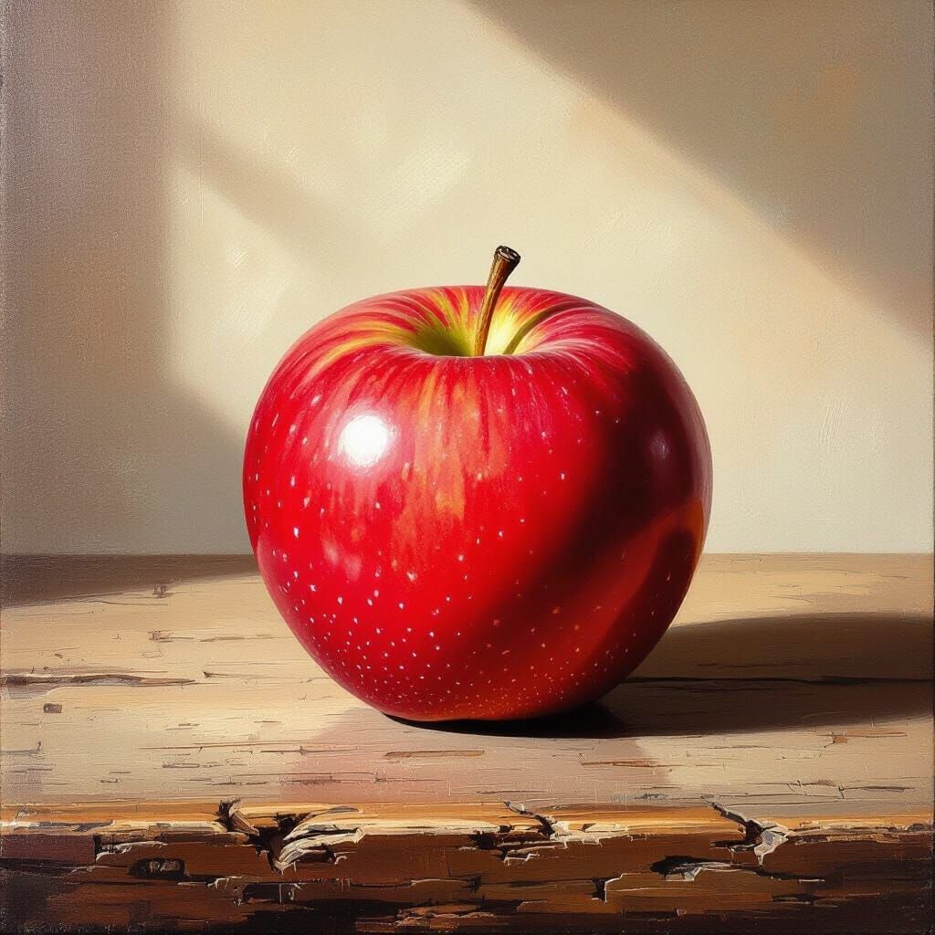 Photorealistic Red Apple Still Life on Wooden Table