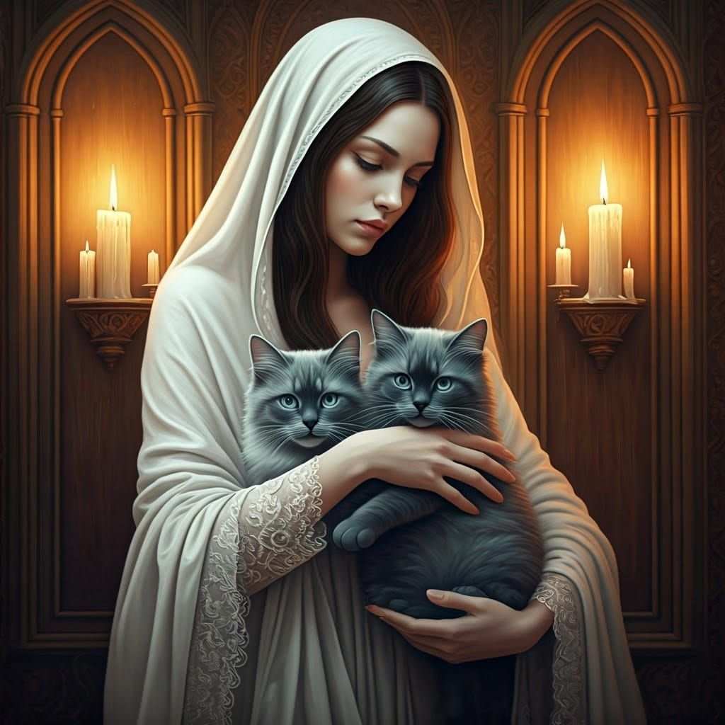Surreal Renaissance Woman with Cats in Candlelit Alcoves
