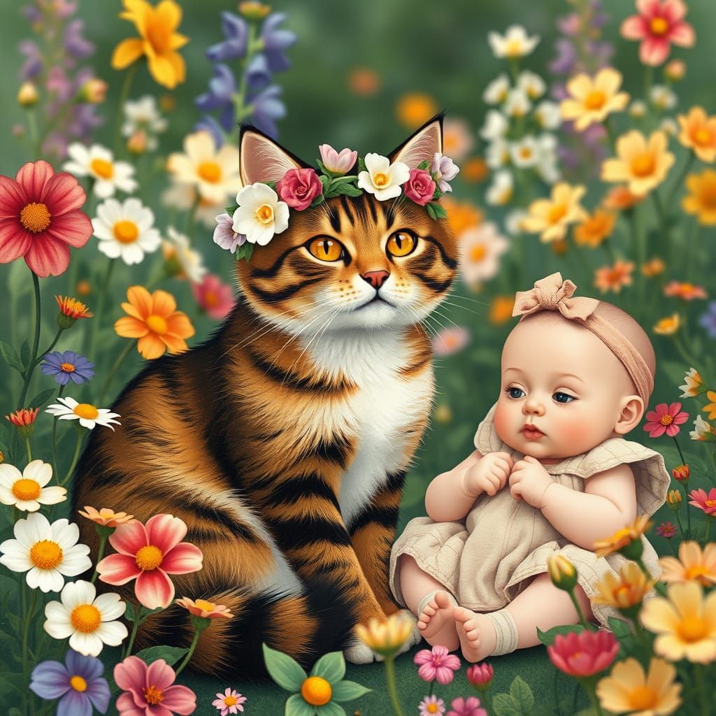 Cat and Baby in Whimsical Garden