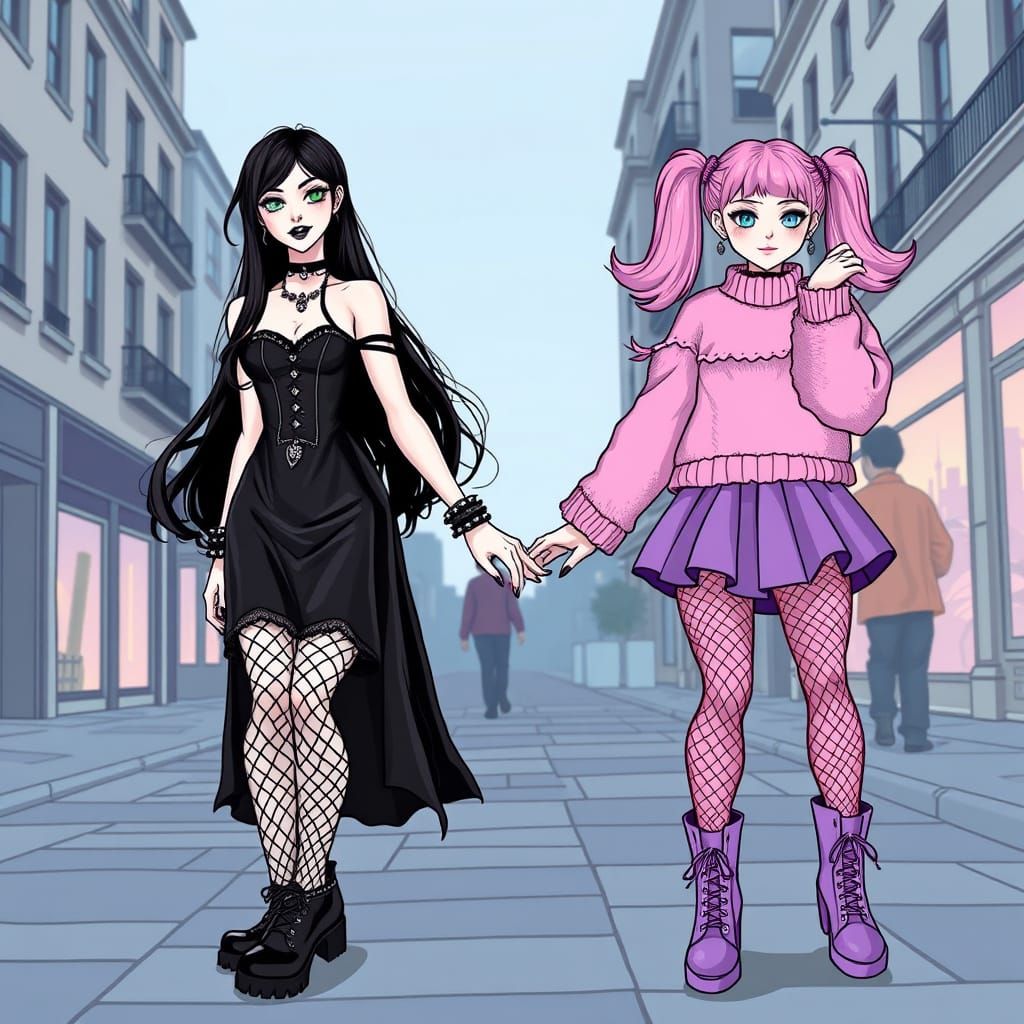 Gothic and Pastel Friends Walking in City