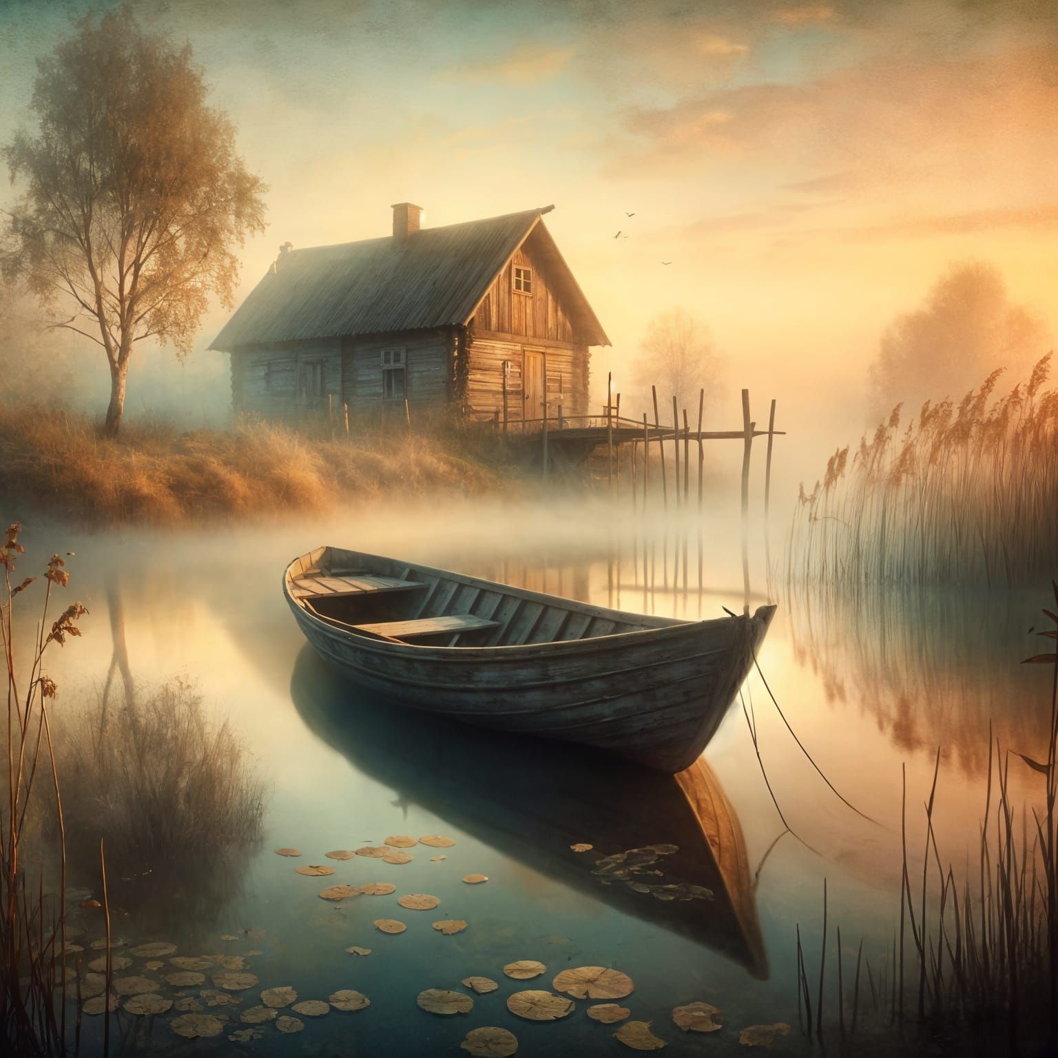 Serene Dawn on Reflective Pond with Wooden Boat