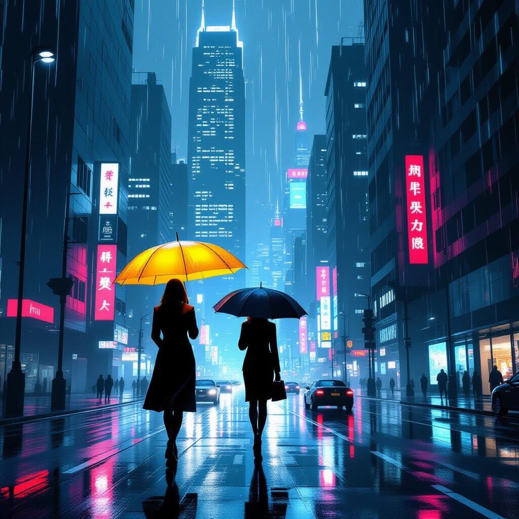 Businesswoman with Glowing Umbrella on Wet City Street