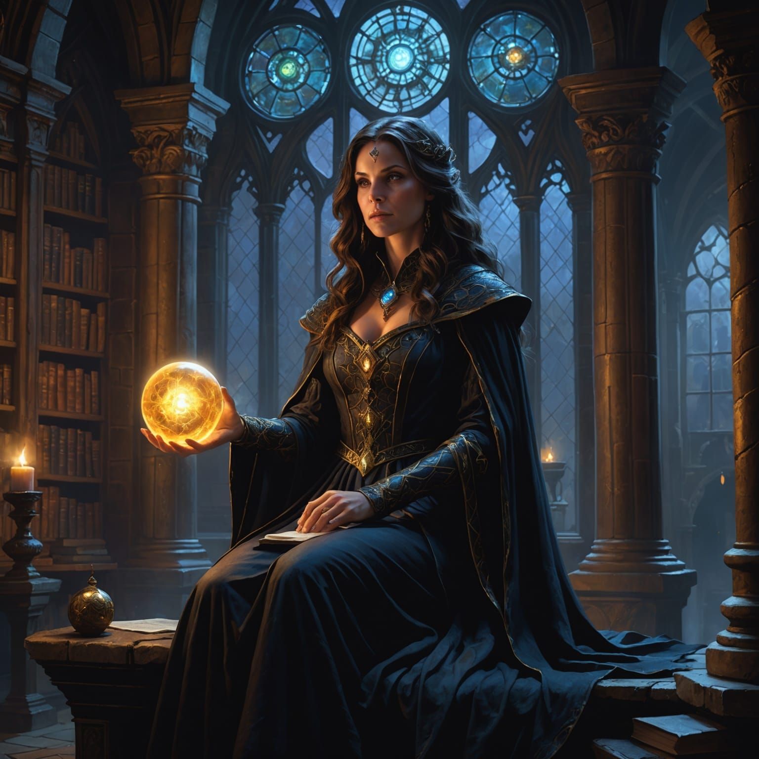 Sorceress in Shadowy Tower: Digital Dark Fantasy