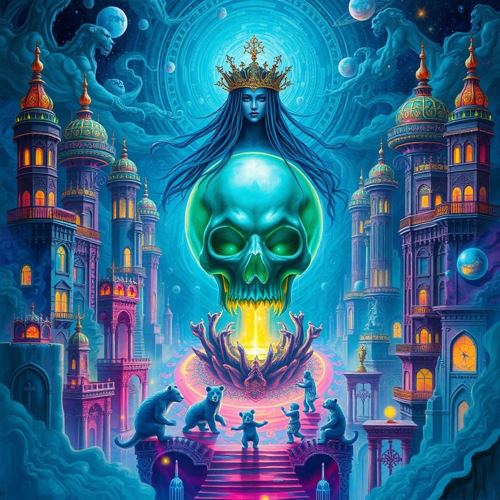 Mystical Cityscape of Blue Leopard Gods