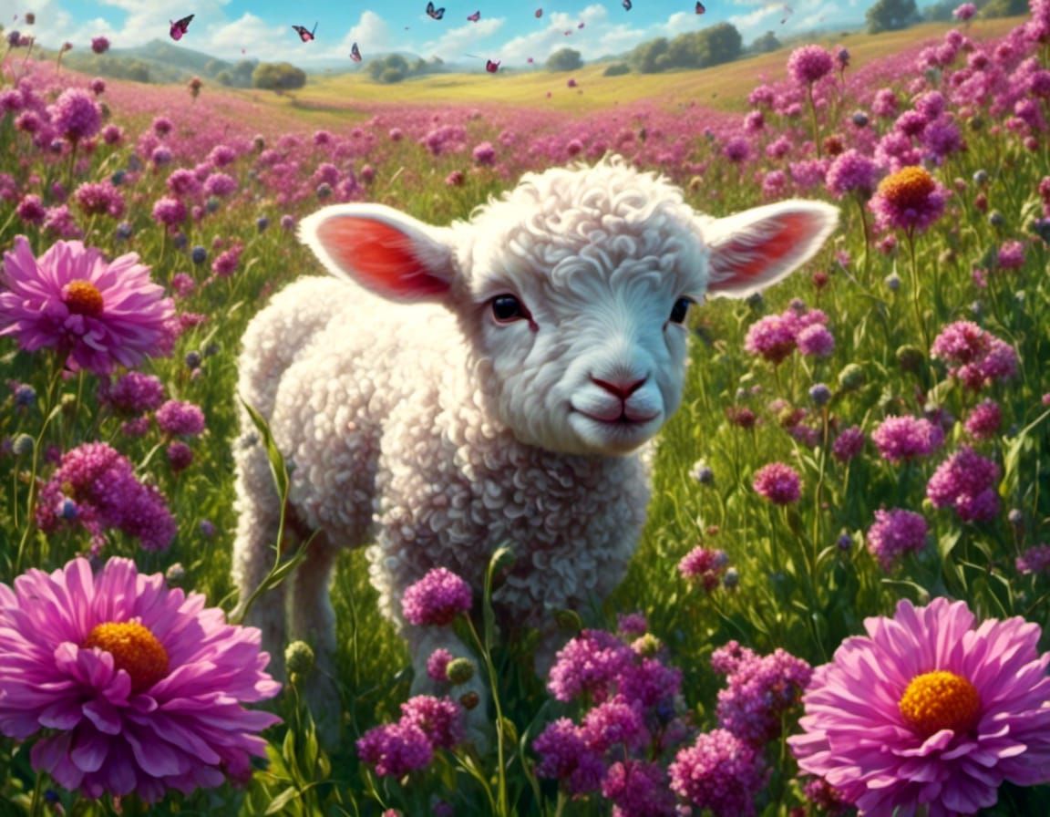 Lambs Grazing Among Lavender and Butterflies