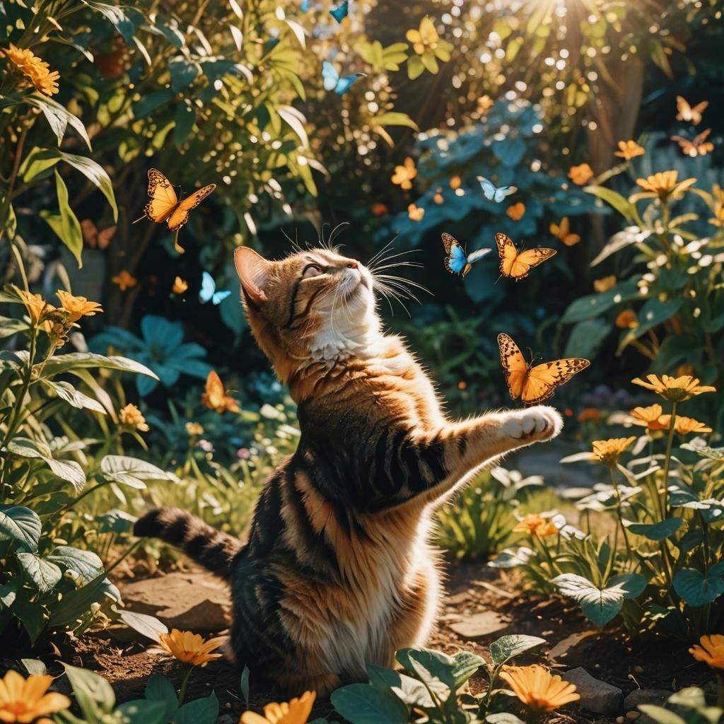 Cat Chasing Butterfly in Sunlit Garden: Cinematic Still