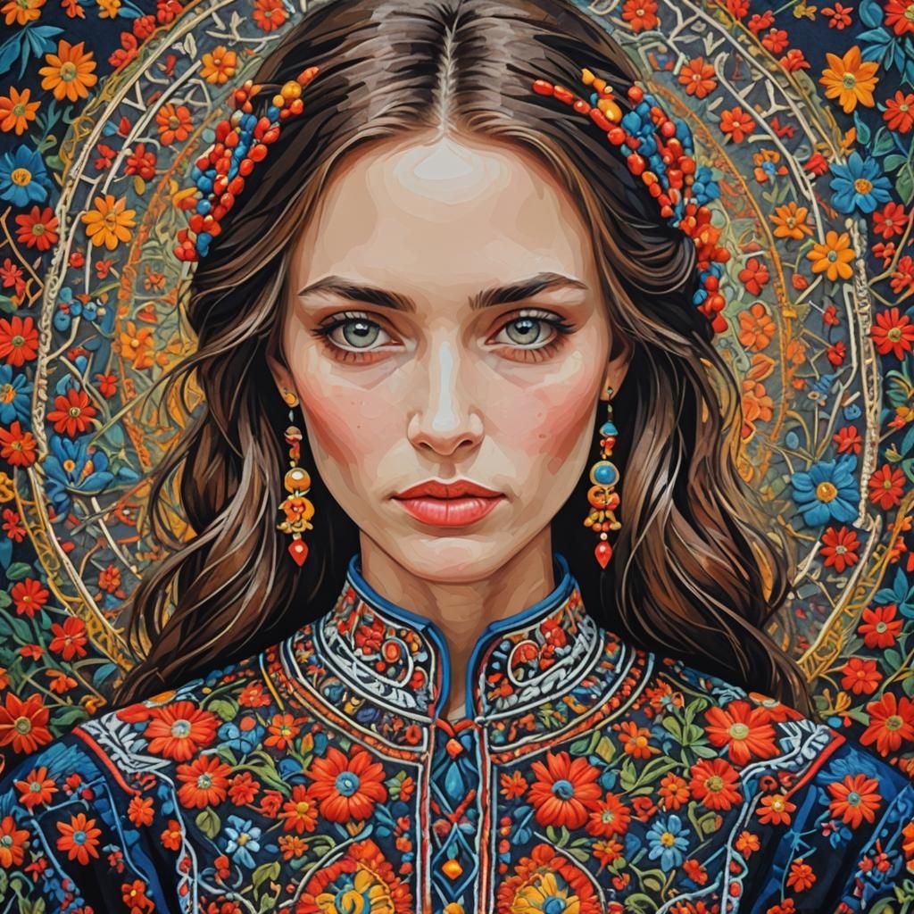 Girl in Ukrainian Embroidered Shirt, Abstract Art