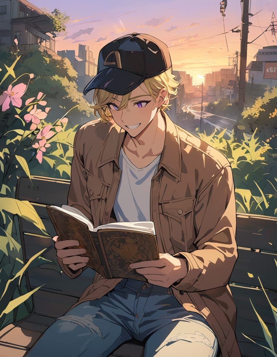 Surreal Cel-Shaded Bishounen Reads in Vibrant Spring Sunset