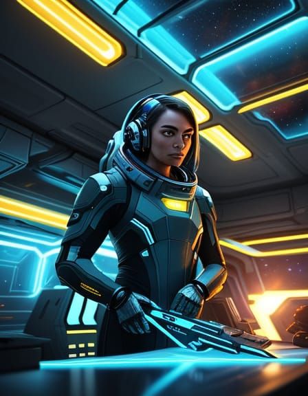 Female Space Engineer in Neon-Lit Futuristic Vibe
