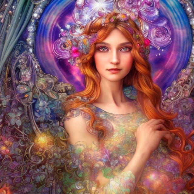 Woman Handspinning Iridescent Web in Art Nouveau Style