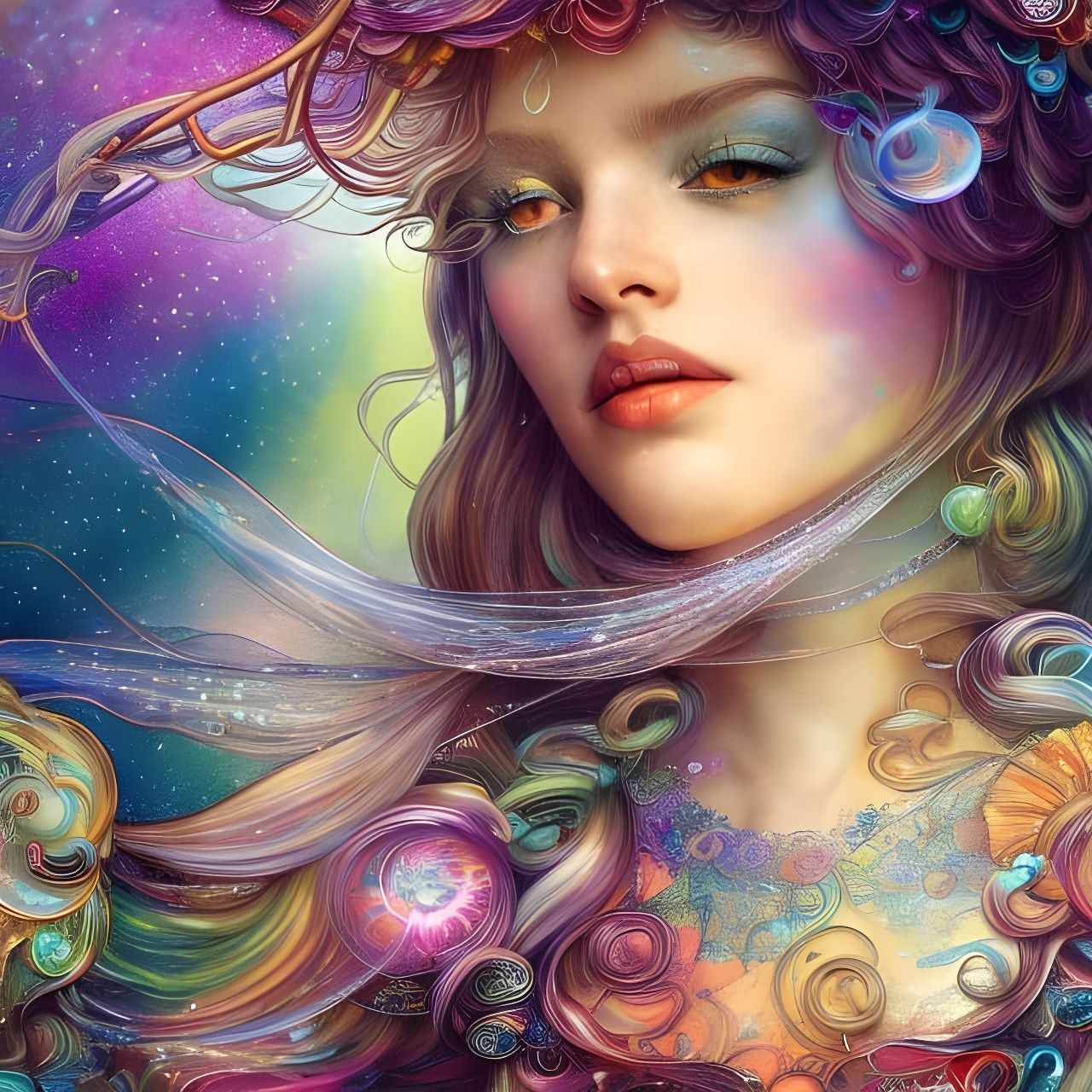 Woman Spins Iridescent Web in Art Nouveau Style