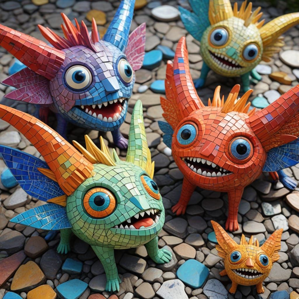 Vibrant Mosaic Art Depicting Three Diverse Monster Forms