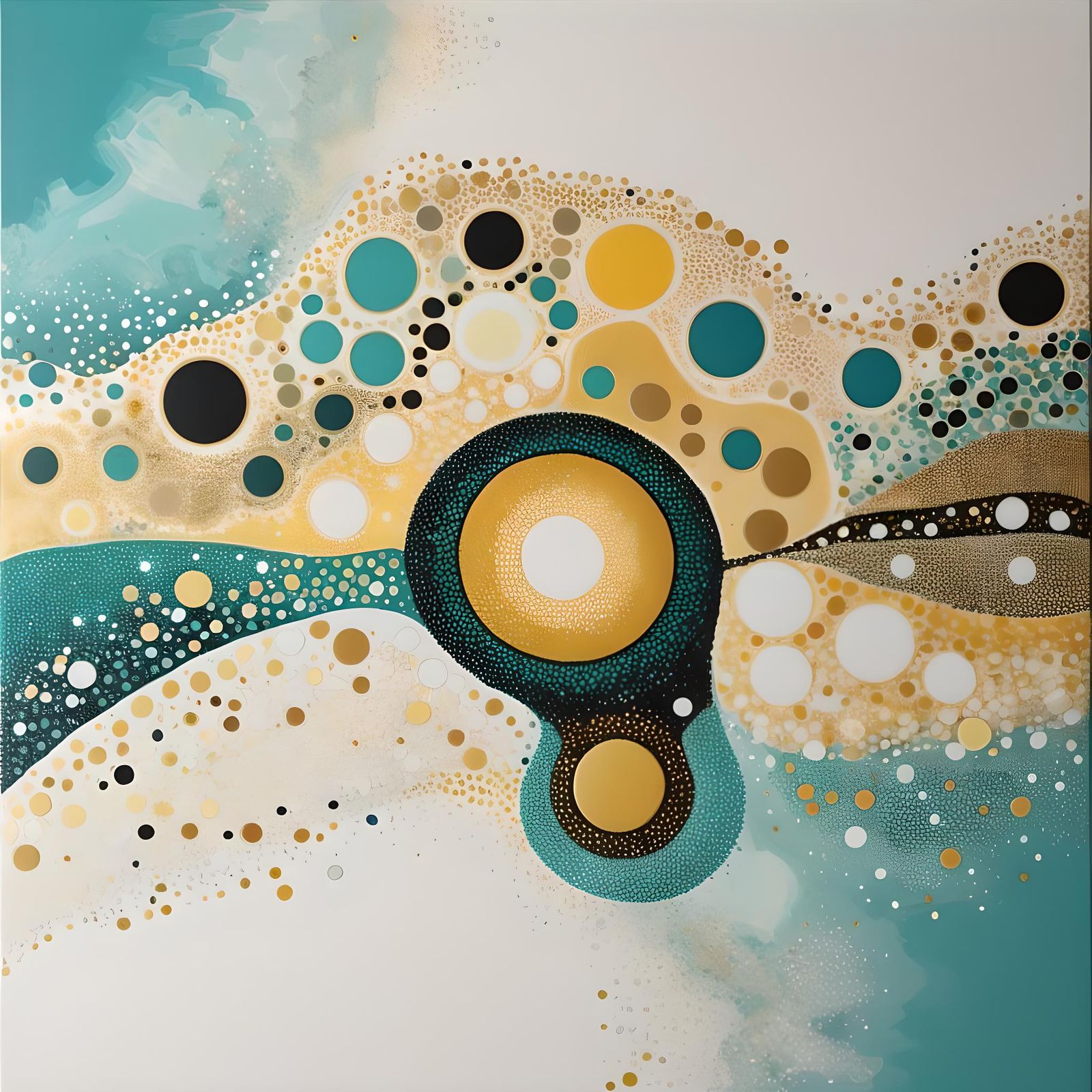 Radiant Pointillist Abstract Painting in Teal and Gold