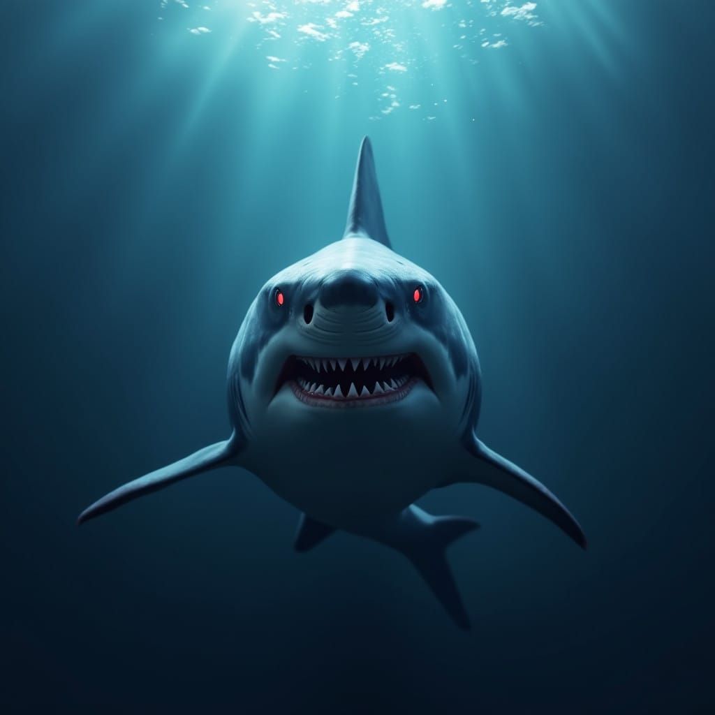 Mechanical Shark Dominates Dark Ocean in 3D Anime Style