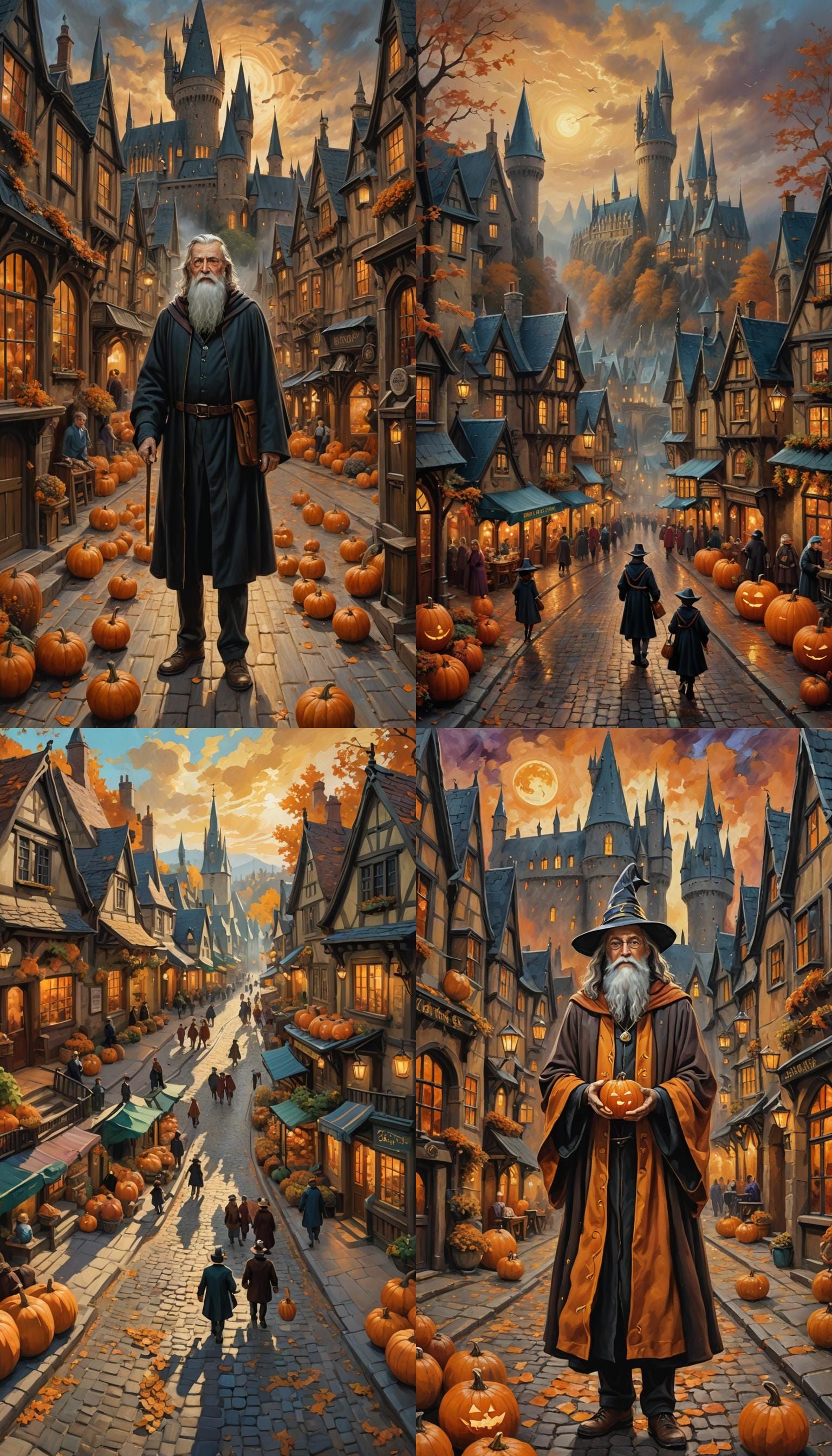 Hogsmeade Street Scene in Autumn, Oil Painting