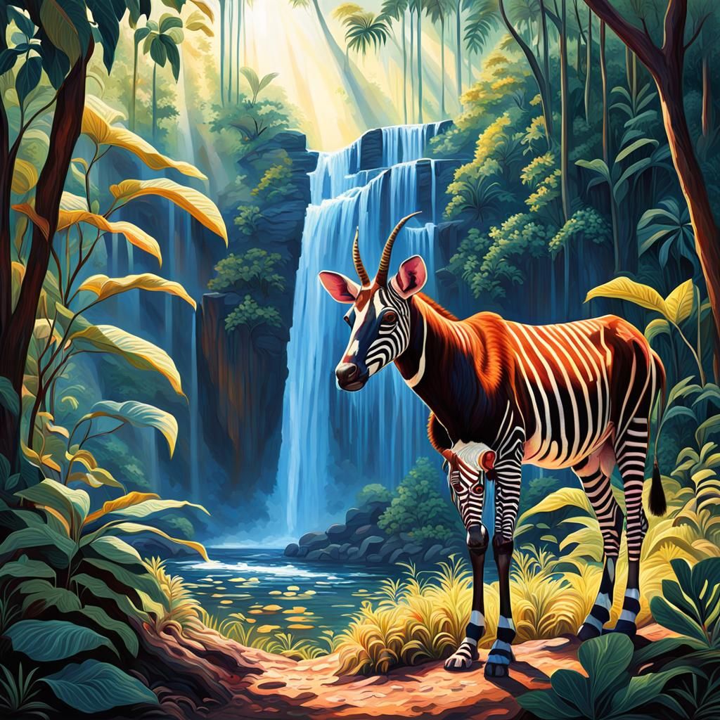 Detailed Okapi in Congo Waterfall Landscape