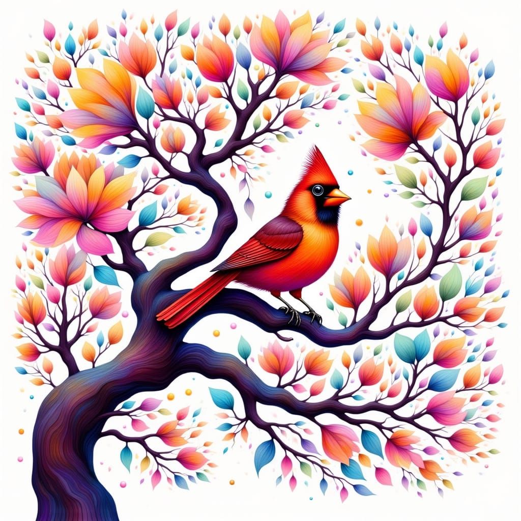 Whimsical Cardinal in Vibrant Blossom Tree