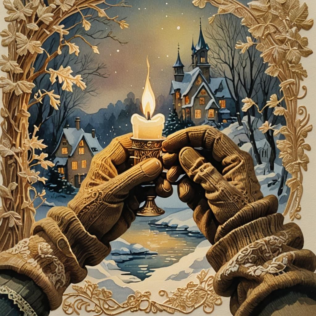 Vintage Christmas Card in Watercolor with Needlepoint Detail