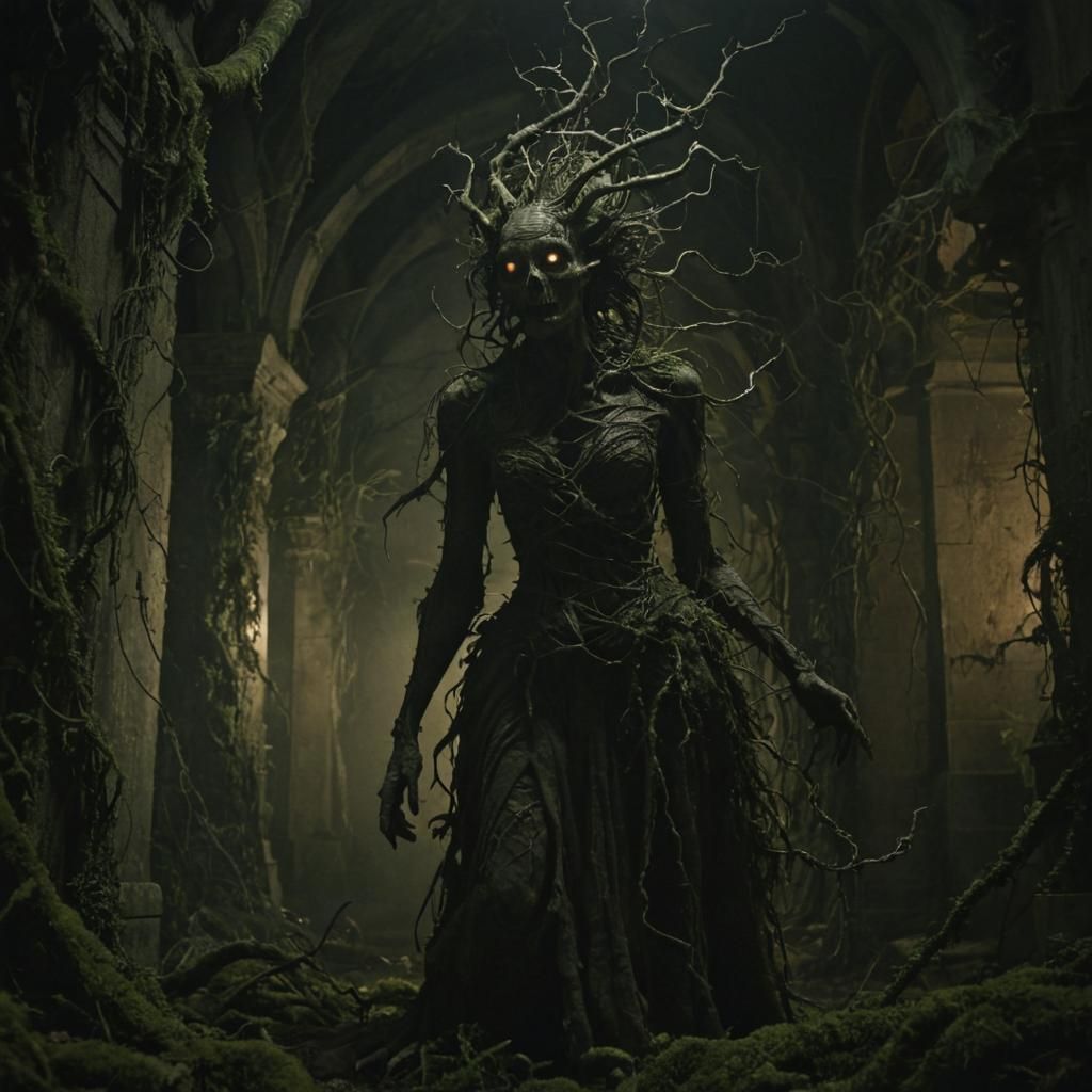 Grotesque Feminine Creature in Gothic Horror Scene