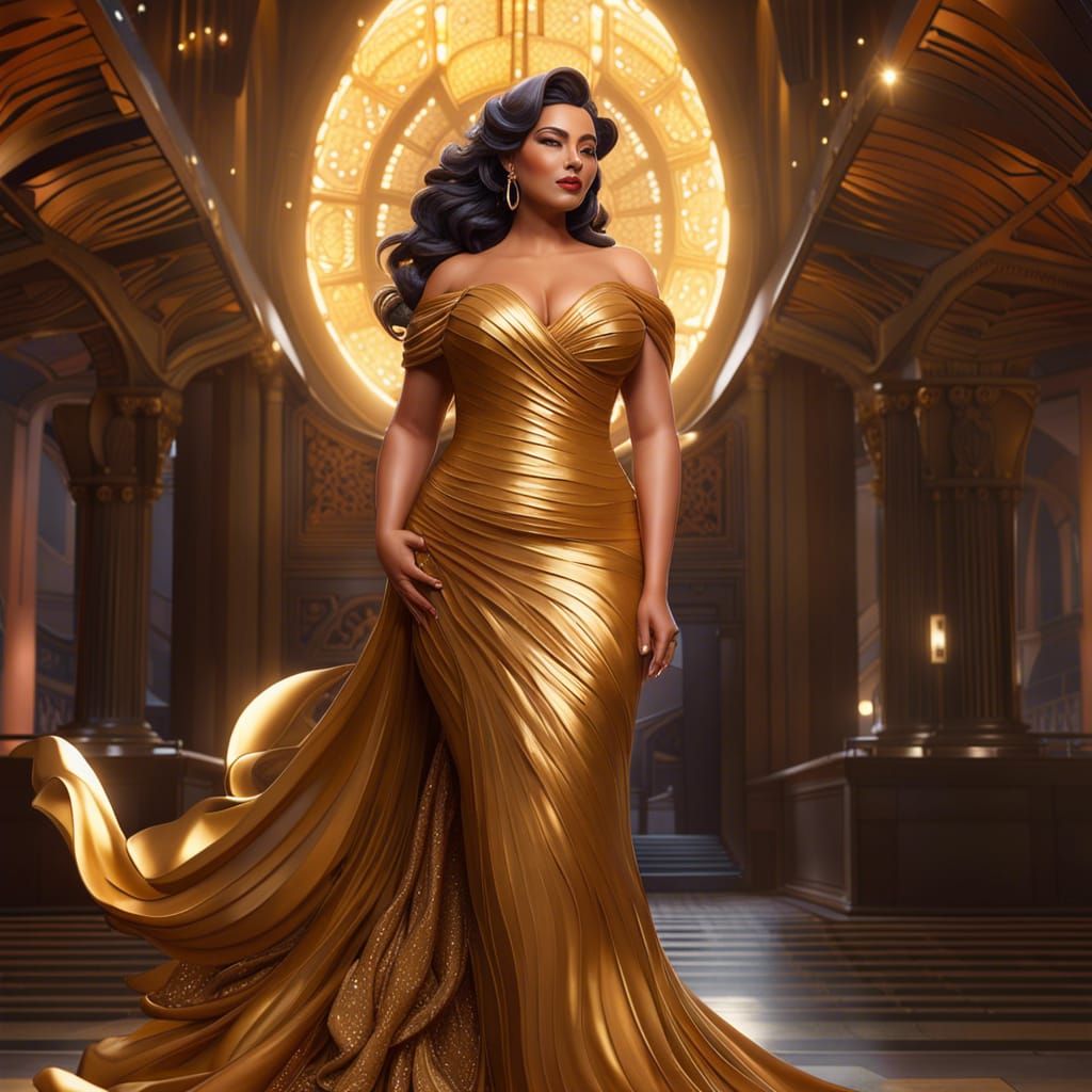 Curvy Woman in Gold Gown on Runway, 3D Digital Art