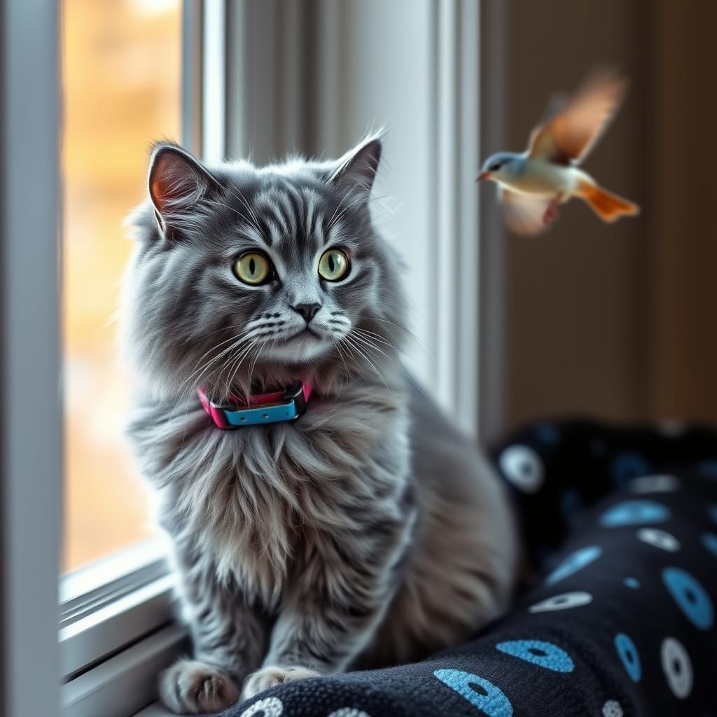 Fluffy Cat Watches Bird From Spotted Window Seat