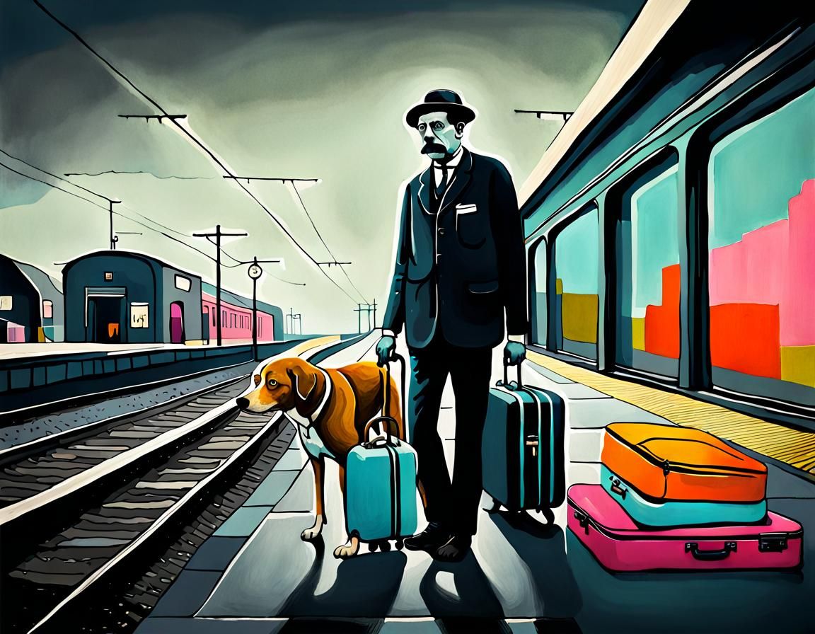 Lively Train Station Scene in Bio-Surrealist Style