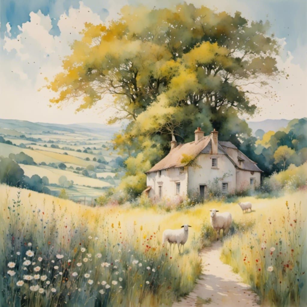 Idyllic Pastel Countryside Scene with Cottage