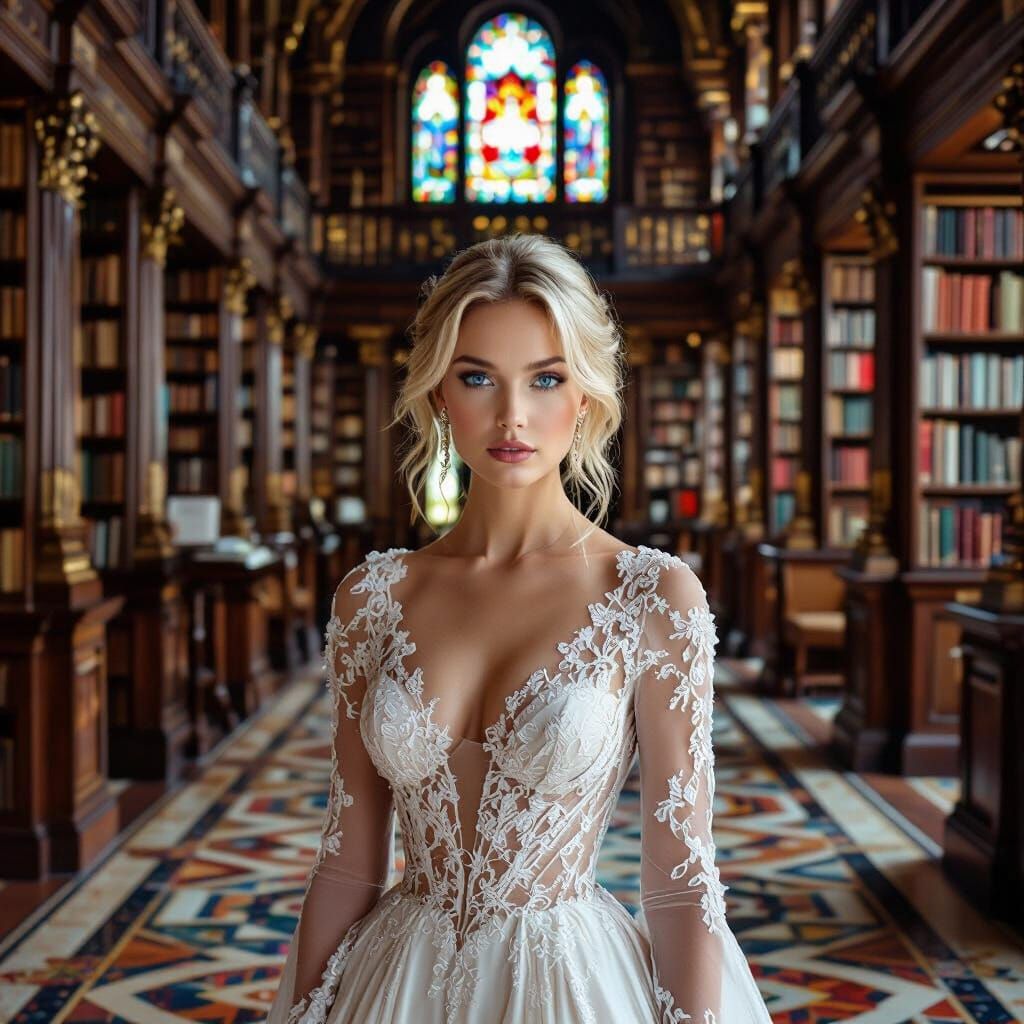 Elegant Woman in Library, Cinematic Film Aesthetic